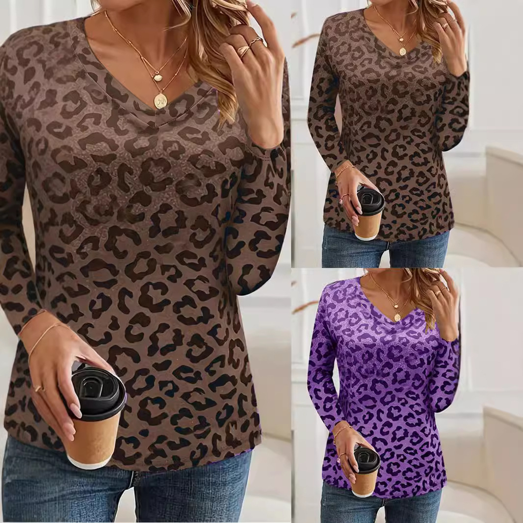 Women's Vintage Leopard Print Long Sleeve V-Neck Top