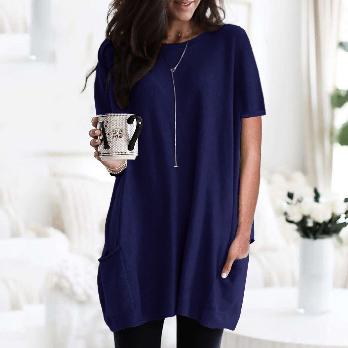 Women's Long Sleeve Pocket T-Shirt Casual Loose Fit Crew Neck Top