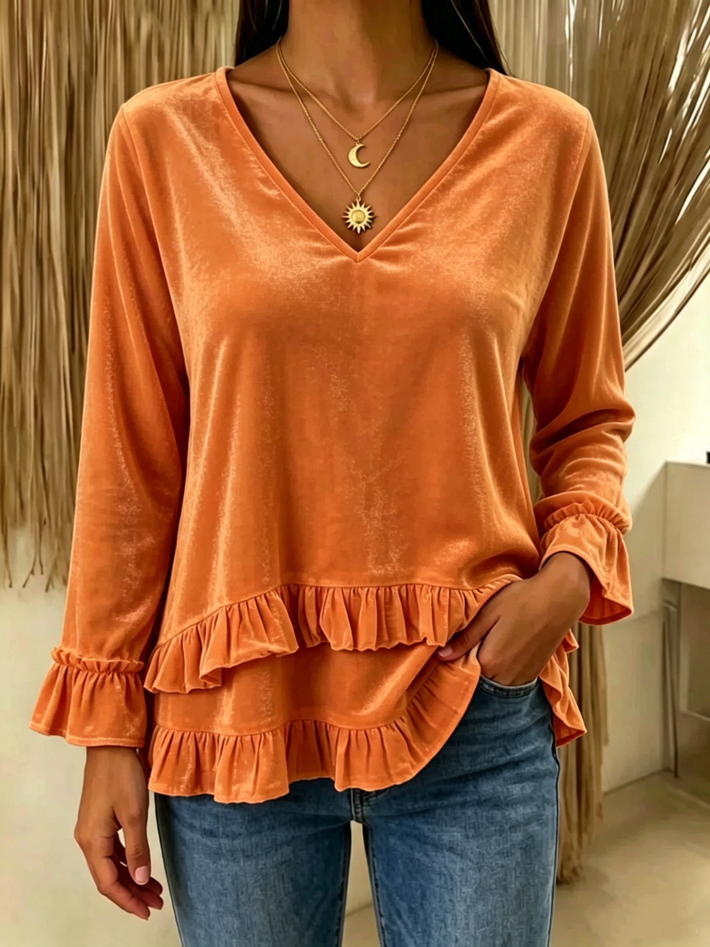 Women's V-Neck Ruffle Velvet Long-Sleeve Top