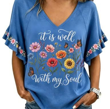 Floral Book Print V-Neck Short Sleeve Women's T-Shirt