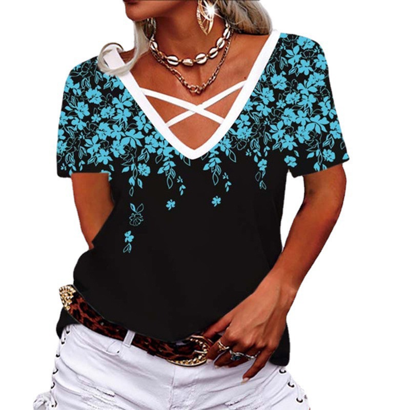Women's V-Neck Cross Print Short Sleeve Loose Casual T-Shirt