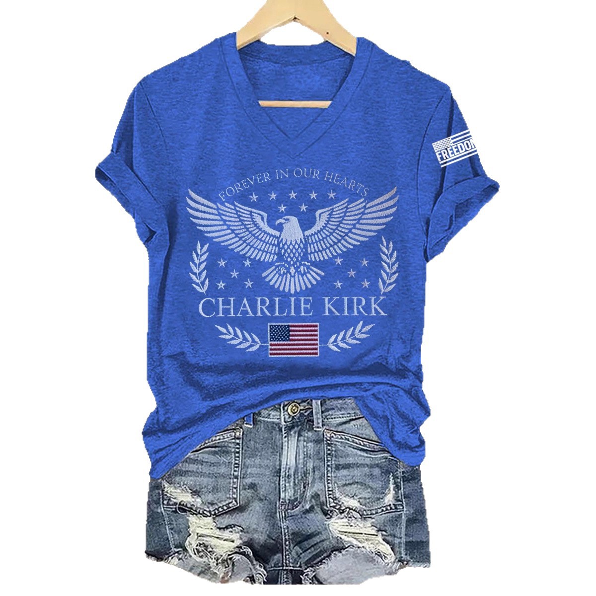 Eagle Peace Letter Print V-Neck Short Sleeve T-Shirt for Women