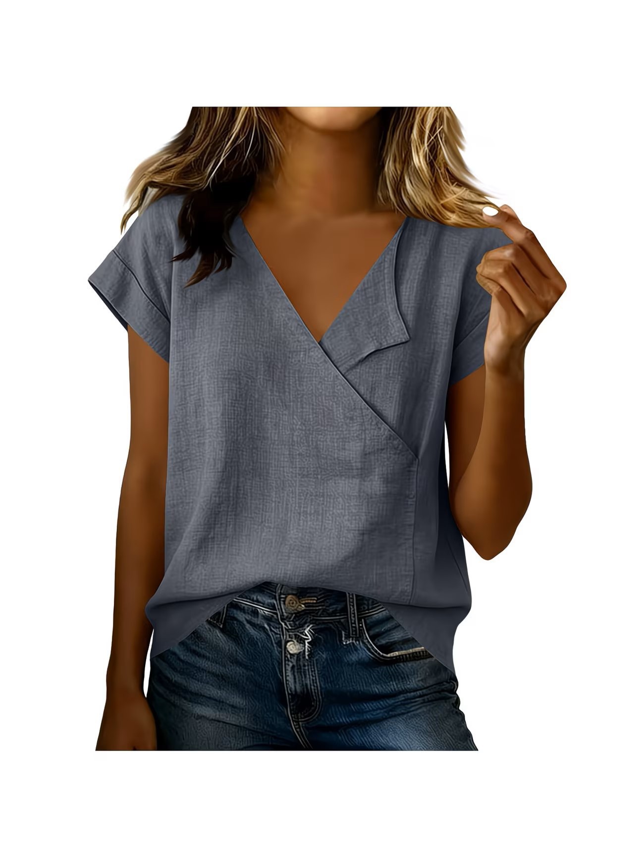 Women's Loose V-Neck Short-Sleeve Solid Cotton-Blend Shirt