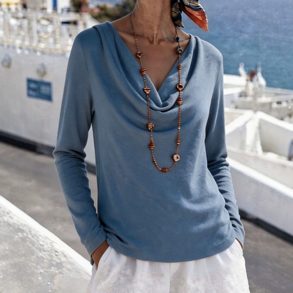Women's Casual Loose Solid Color Cowl Neck Long Sleeve Pullover Top