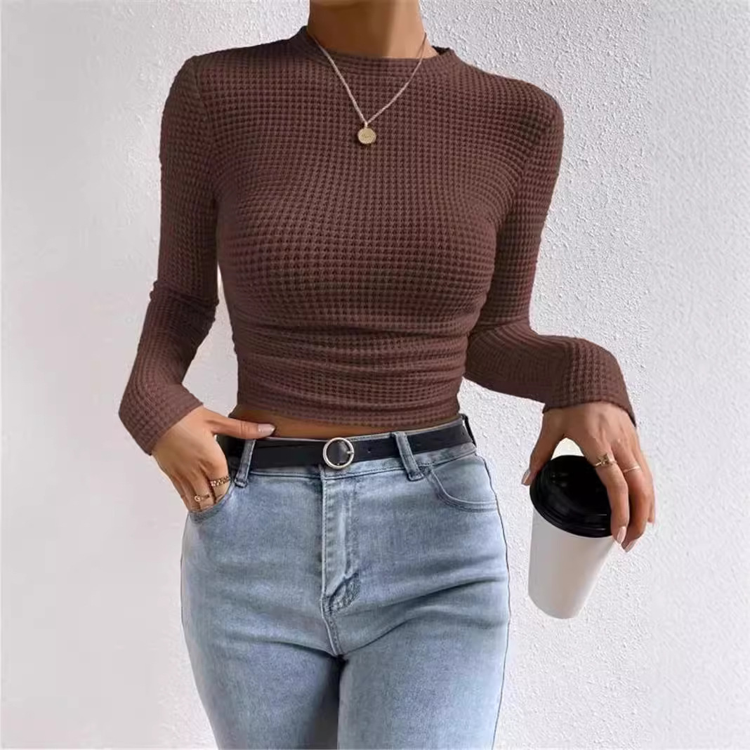 Women's Slim Fit Plaid Round Neck Ruched Long Sleeve Top