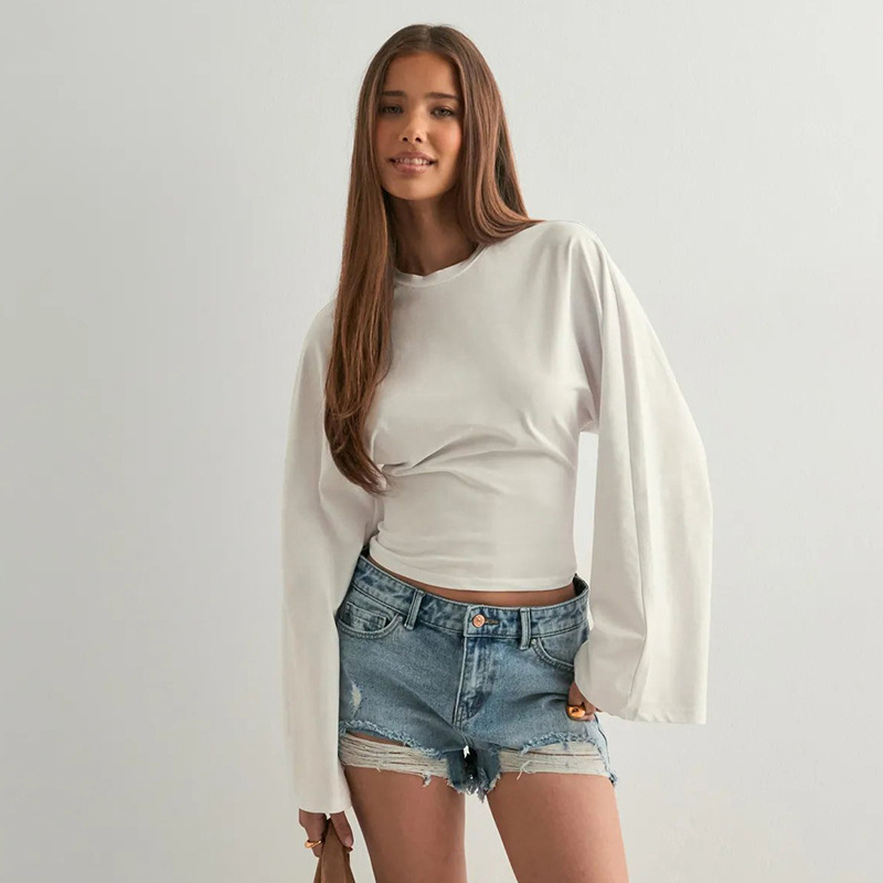 Women's Solid Crewneck Cinched-Waist Long-Sleeve Top