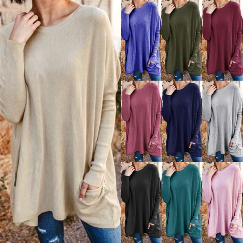 Women's Loose Fit Crewneck Long Sleeve Pocket T-Shirt