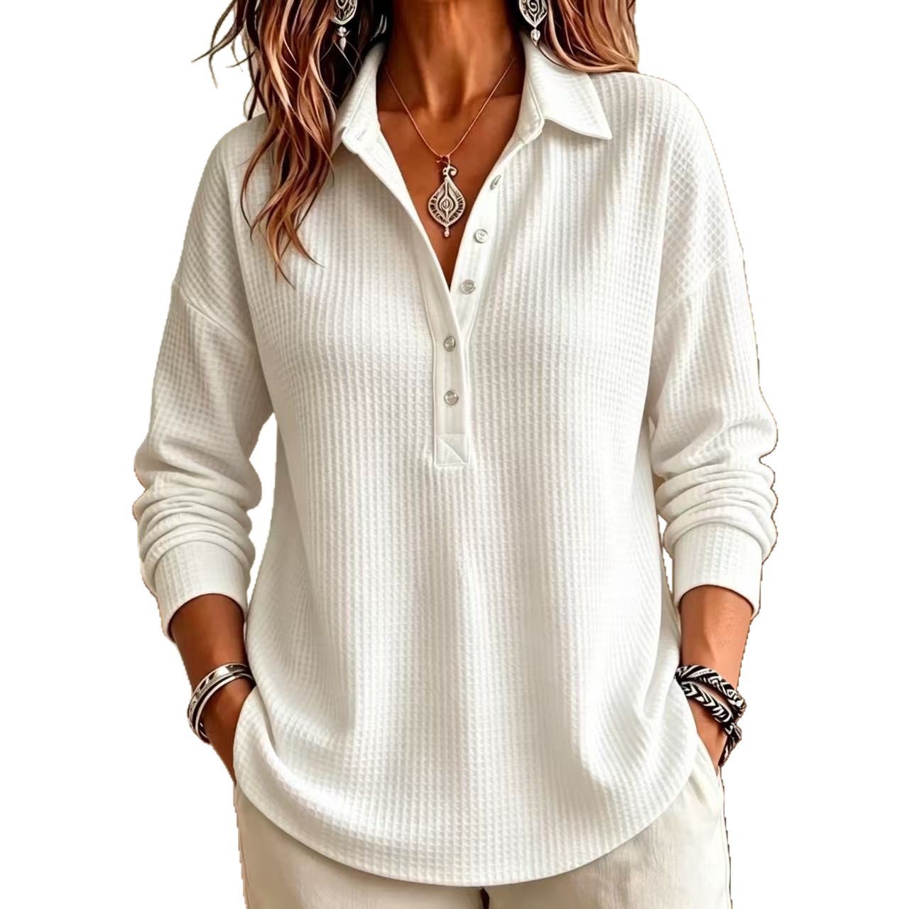 Women's Waffle Knit Collared Long Sleeve T-Shirt Loose Casual Pullover Top