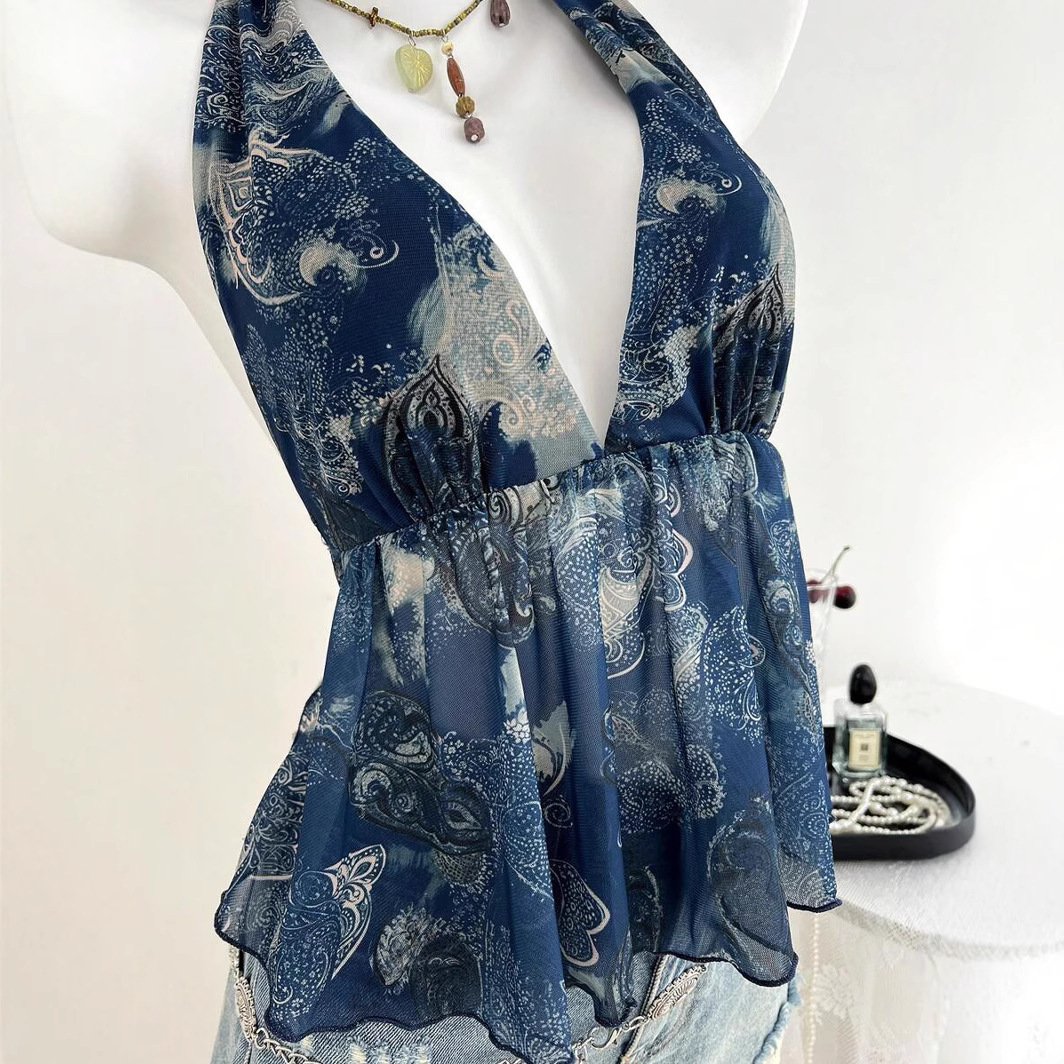 French V-Neck Irregular Print Sleeveless Halter Top