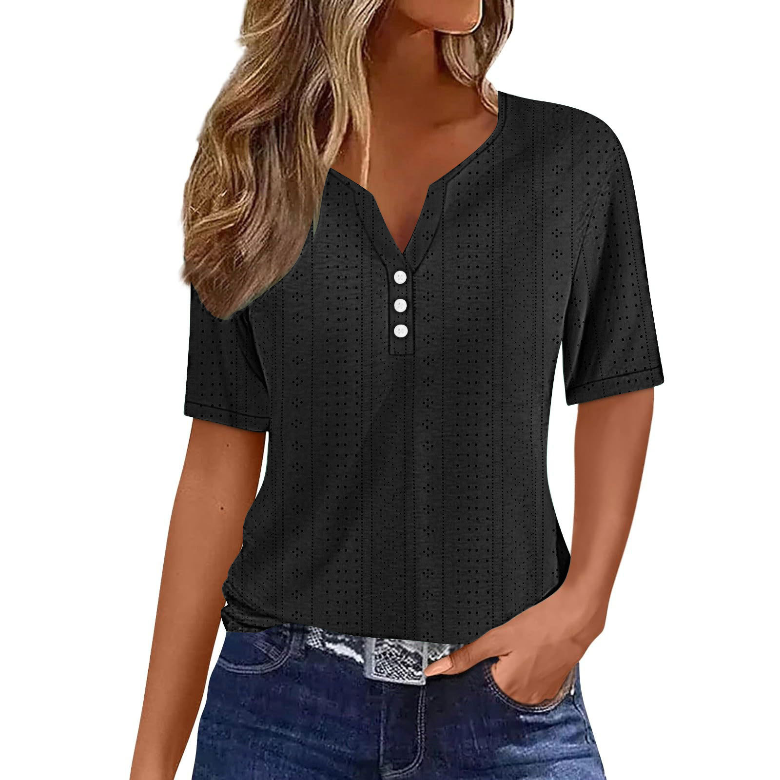 Women's Summer V-Neck Jacquard Hollow-Out Short-Sleeve Top