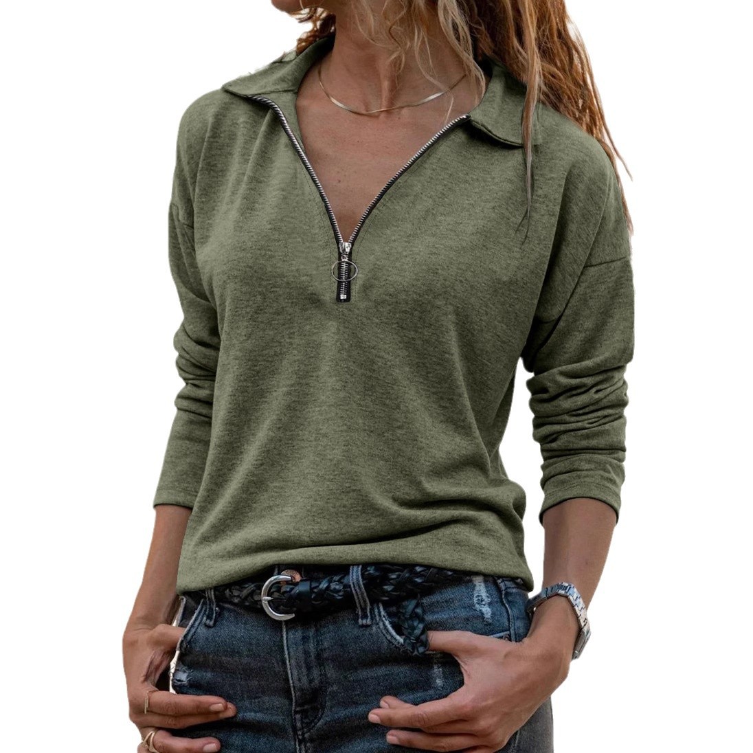 Women's Knit Zip-Up Collared Long-Sleeve Casual Top