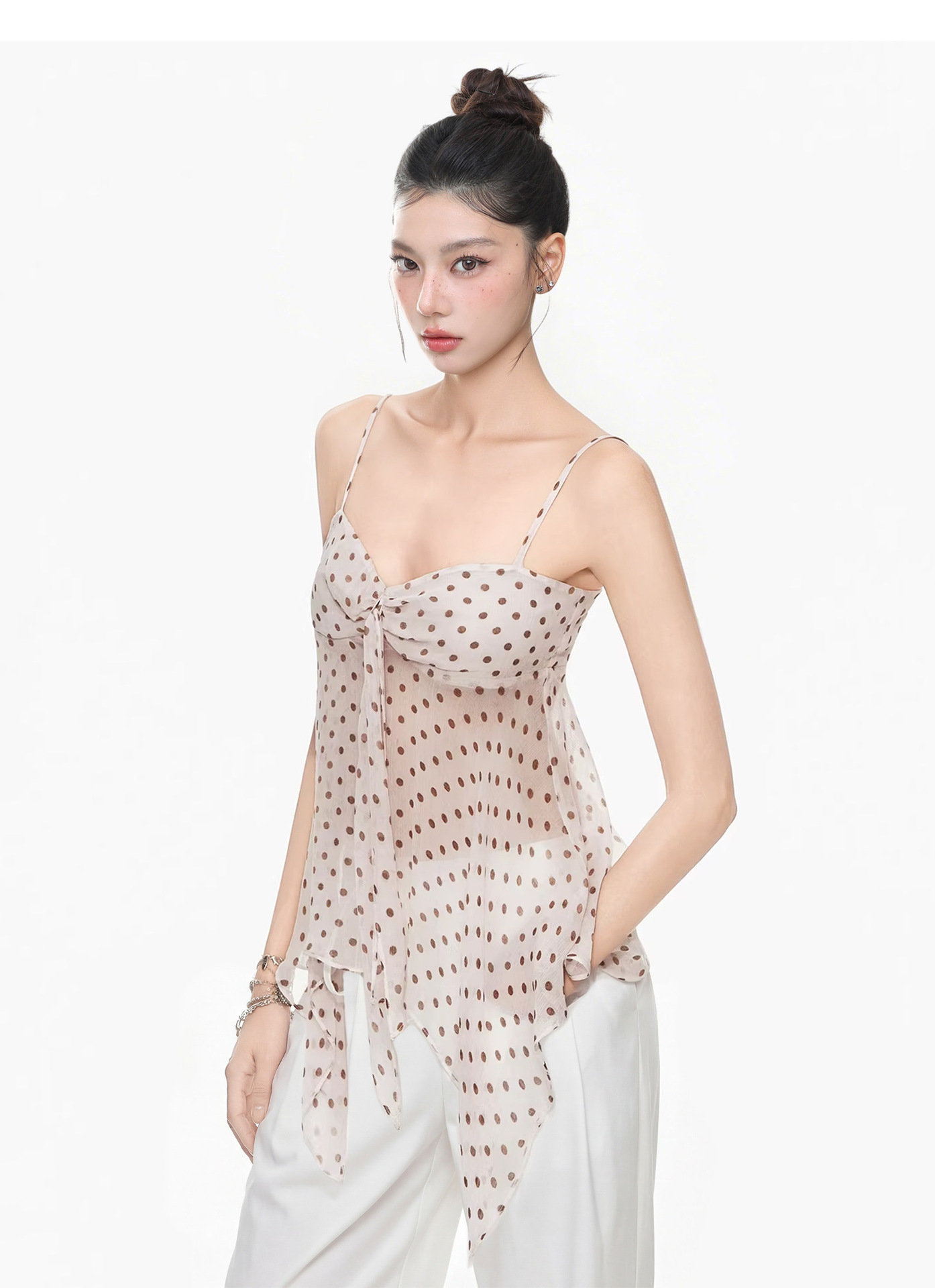 Polka Dot Cami Top Short Off-Shoulder Open-Back Asymmetrical Hem