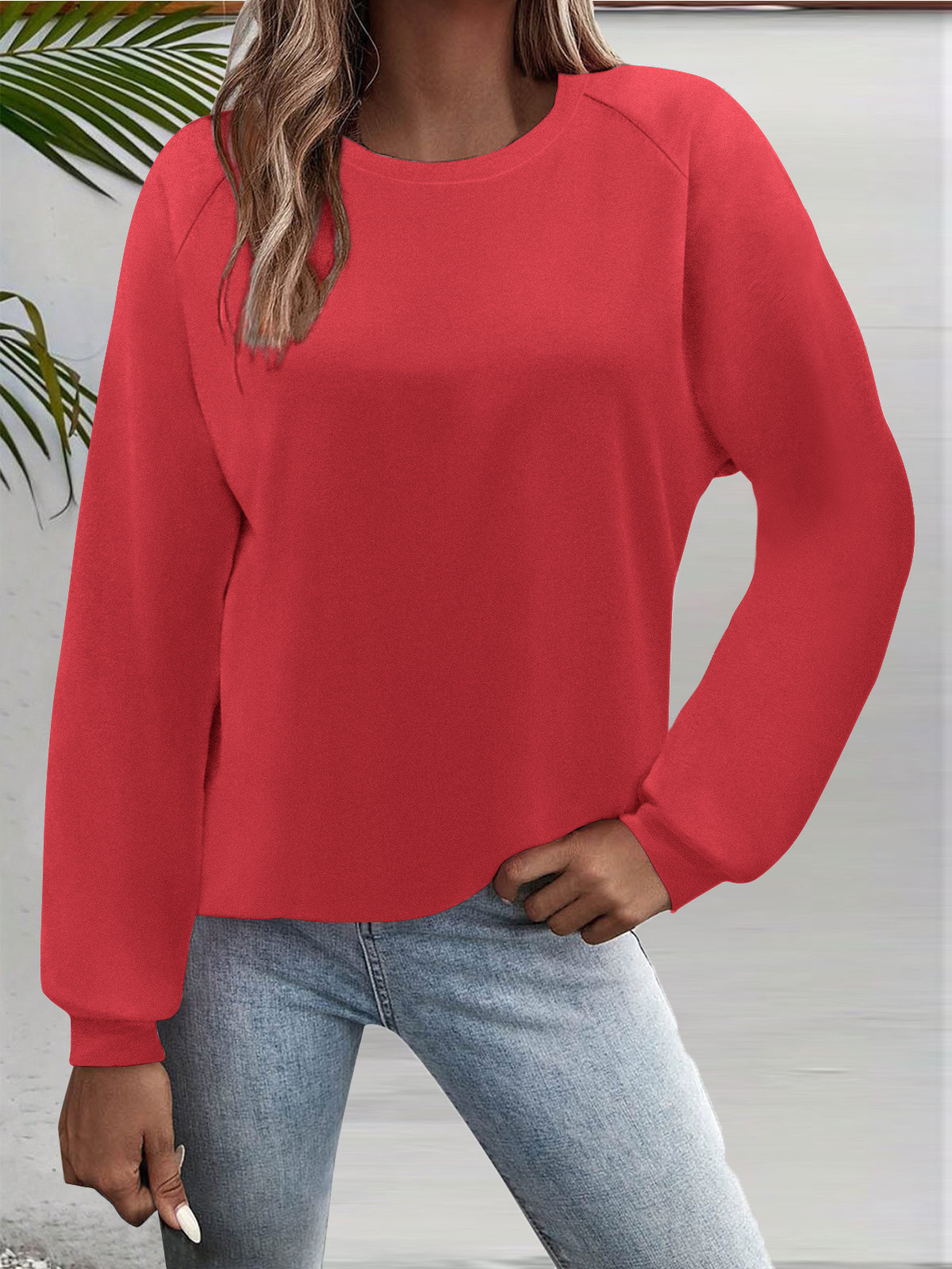 Women's Long Sleeve Crewneck T-Shirt Solid Color Loose Fit Top