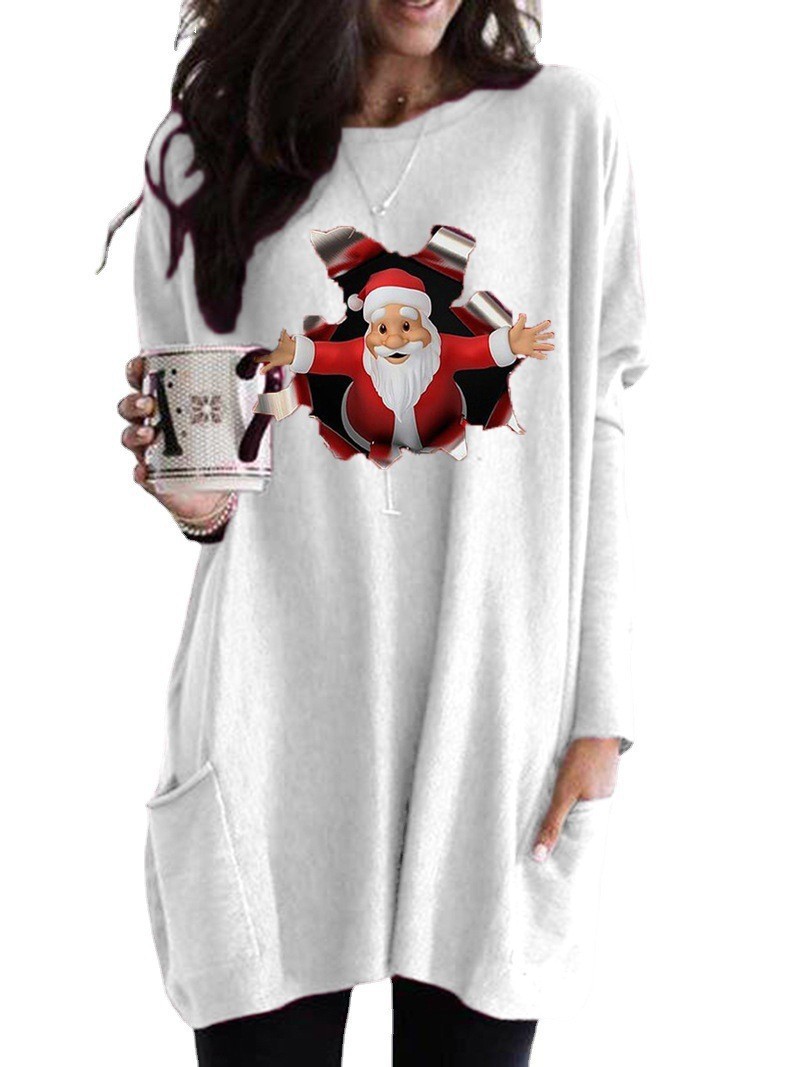 Christmas Santa Print Long Sleeve Crewneck Casual T-Shirt for Women