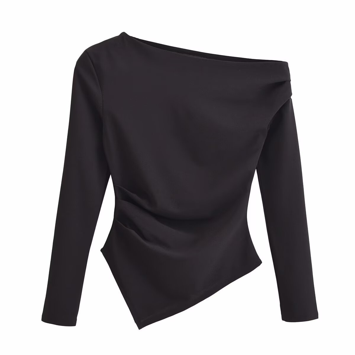 Women's Asymmetric Stretch Top – One-Shoulder Long Sleeve, Solid Color, Versatile