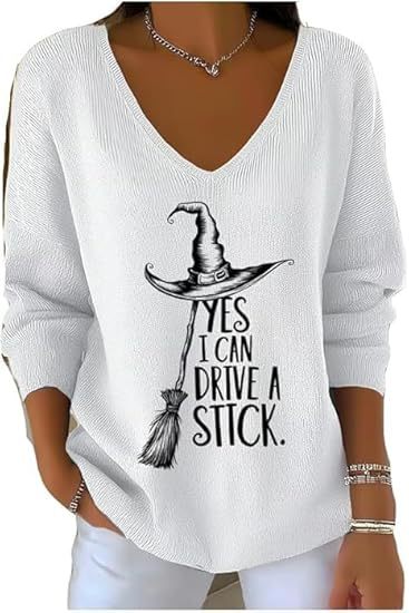 Halloween Witch Hat Broom Letter Print V-Neck Long-Sleeve T-Shirt