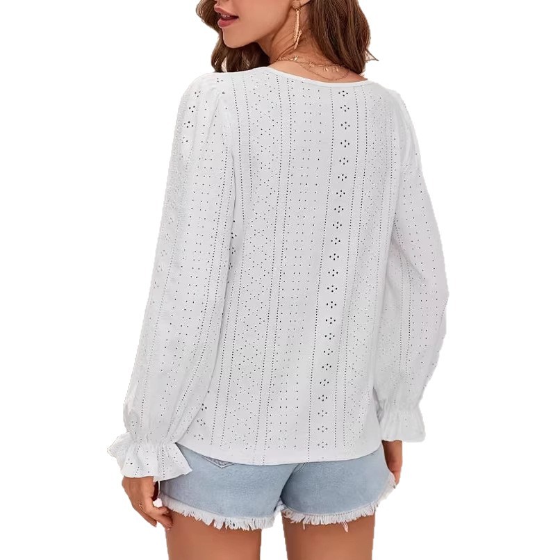Women's Crewneck Long Sleeve Cutout Solid Color Casual Top Shirt
