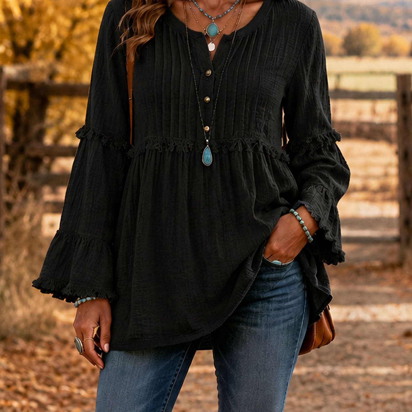 Women's Loose Long Sleeve V-Neck T-Shirt with Lace Trim