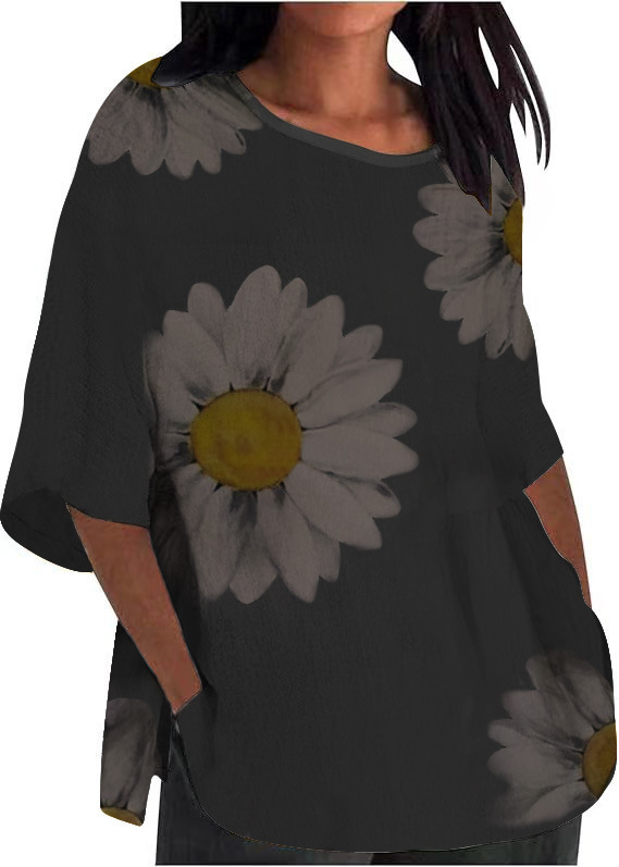 Chrysanthemum Print Round Neck 3/4 Sleeve T-Shirt for Women