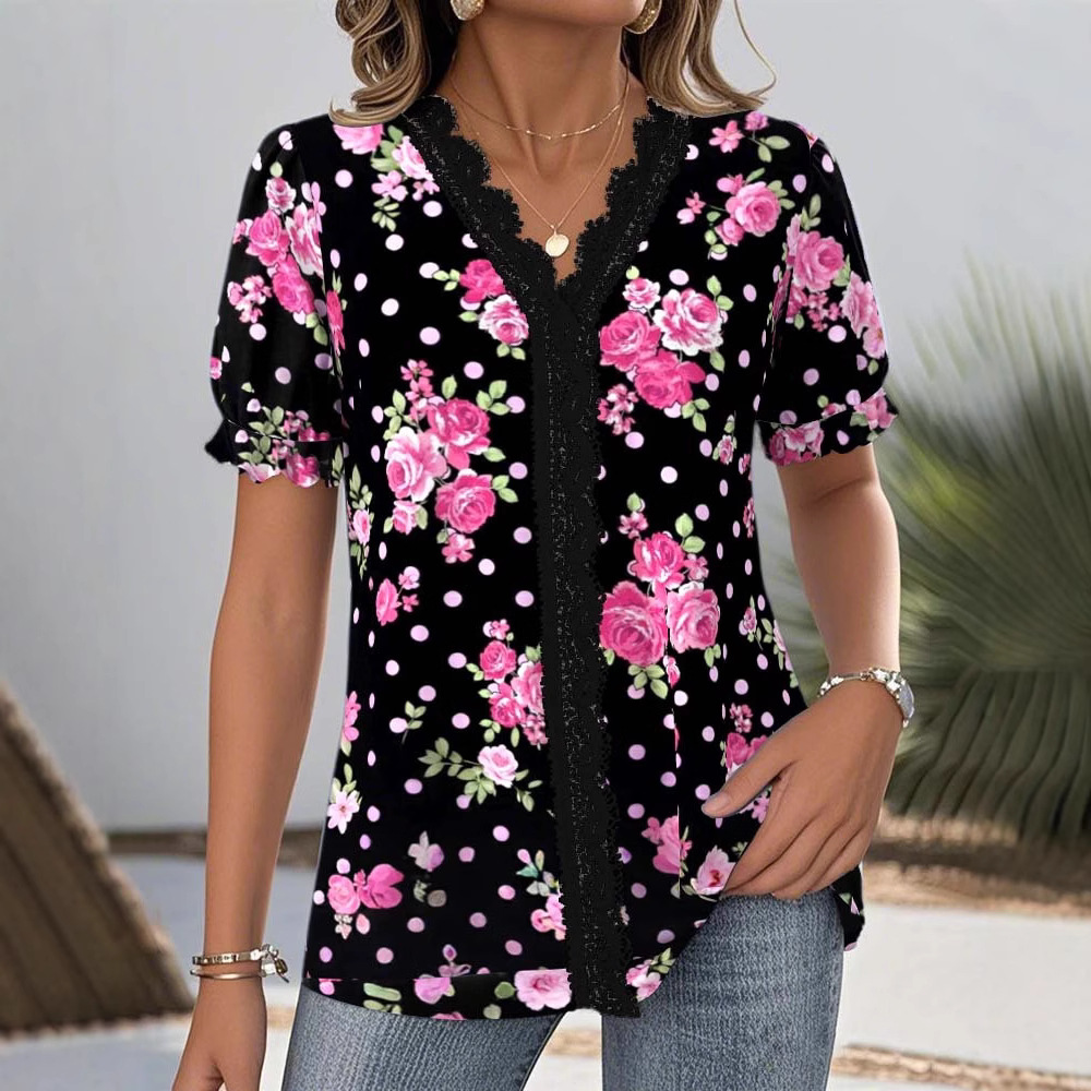 Women's Printed V-Neck Short Sleeve Top