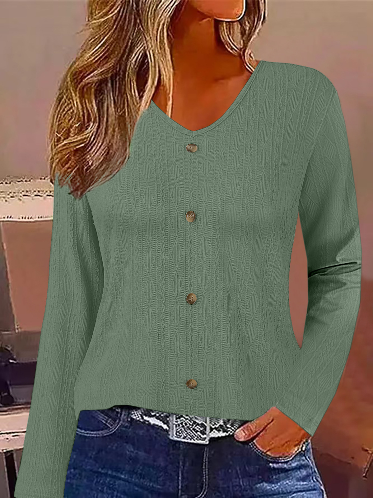 Women's V-Neck Long Sleeve Top Casual Loose Fit