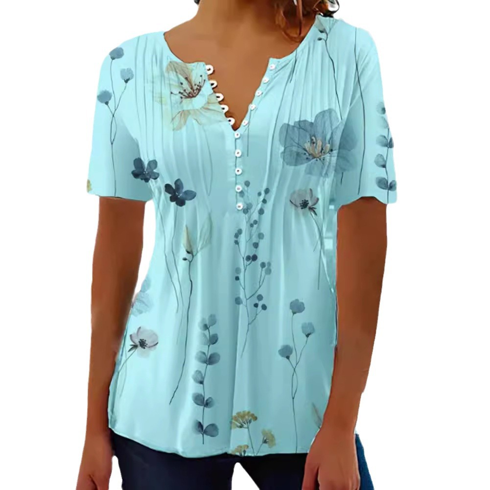Women's Summer Printed Short Sleeve Pleated Button T-Shirt