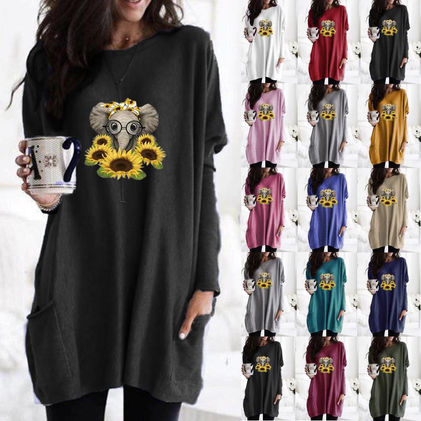 Women's Long Sleeve Loose Crewneck Elephant Print Pocket T-Shirt