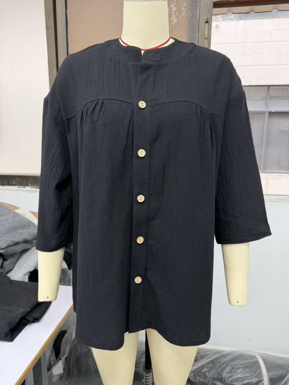 Women's Cotton-Linen Shirt Casual Vintage Solid Color 3/4 Sleeve Top