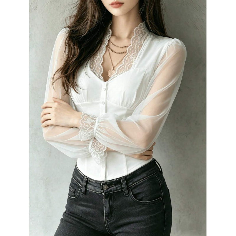 Lace Panel Sheer Ruffle Short Sleeve Blouse