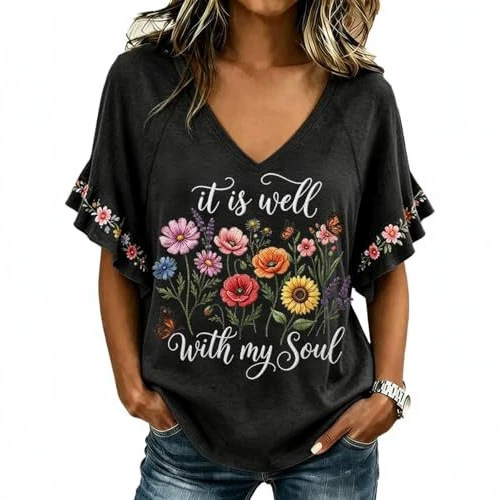 Floral Book Print V-Neck Short Sleeve Women's T-Shirt