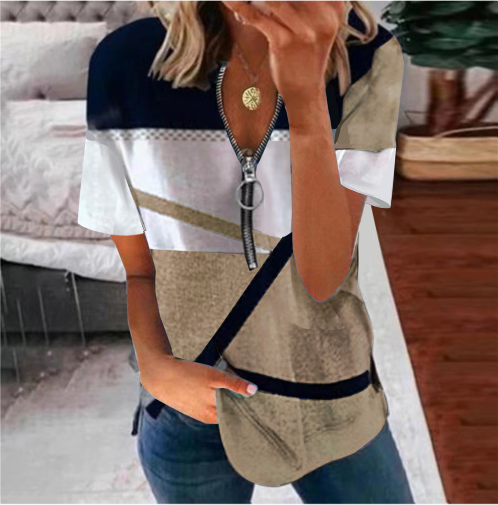 Women's Zip Print Loose Short Sleeve V-Neck T-Shirt