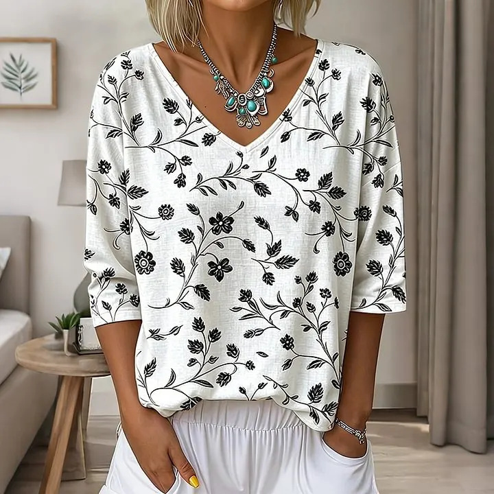 Floral Leaf Print V-Neck Half-Sleeve Women's T-Shirt
