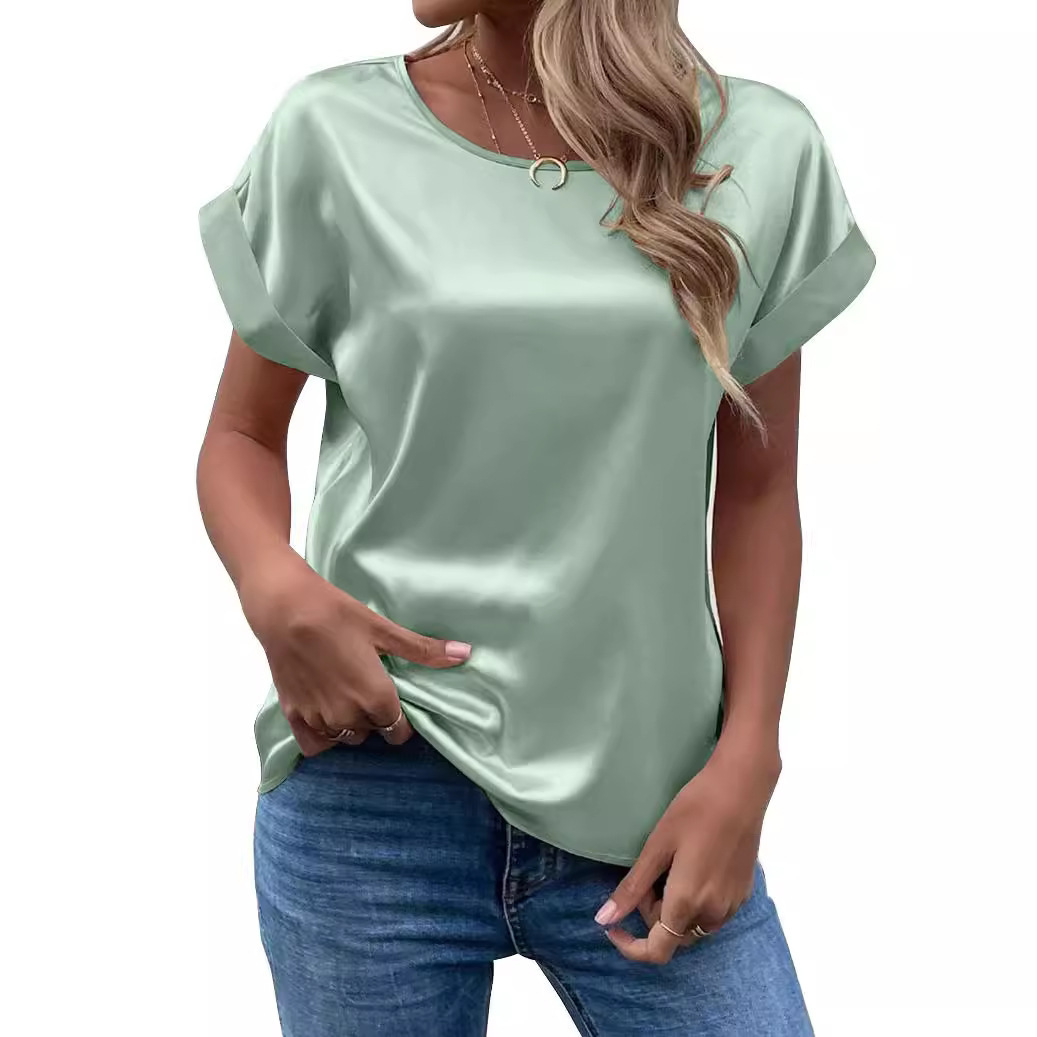 Women's Satin Crewneck Straight-Fit Short-Sleeve T-Shirt