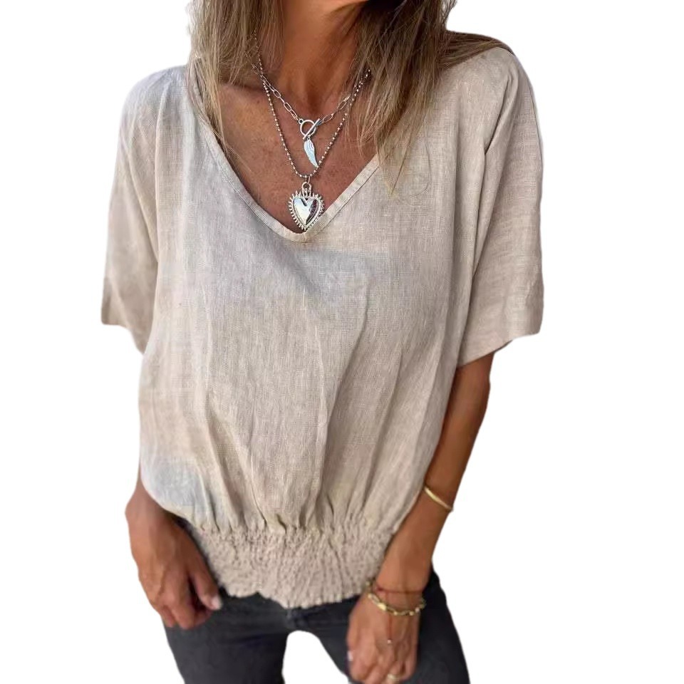 Women's V-Neck Loose Fit Cotton Linen Smocked Top Casual T-Shirt