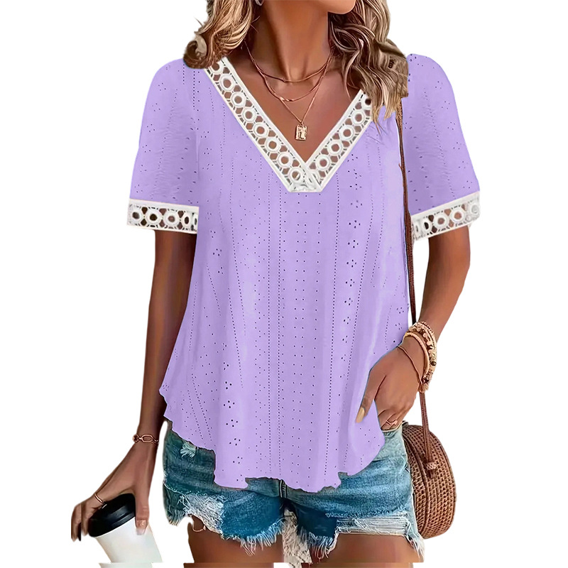 Women's V-Neck Hollow-Out Knit Lace-Panel Short-Sleeve T-Shirt