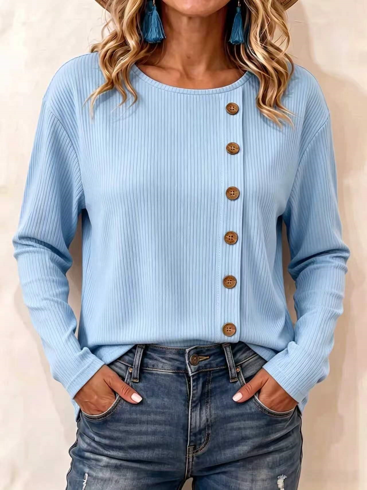 Corduroy Long-Sleeve Button-Front Solid Color Loose Fit T-Shirt