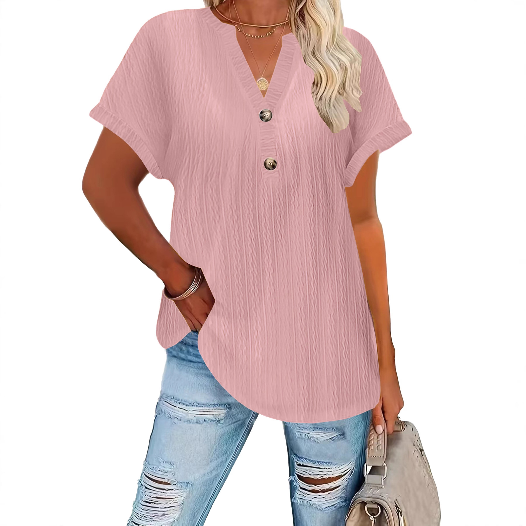 Women's Casual Solid Button V-Neck Short Sleeve T-Shirt