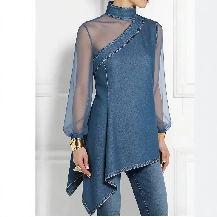 Mesh Spliced Denim Waist-Cinched Button-Up Shirt Top