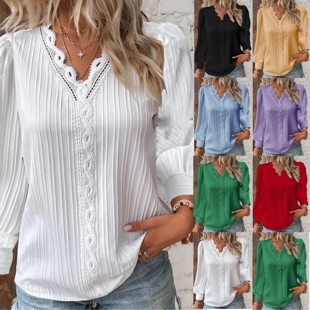 Women's Long Sleeve V-Neck Lace Trim Blouse
