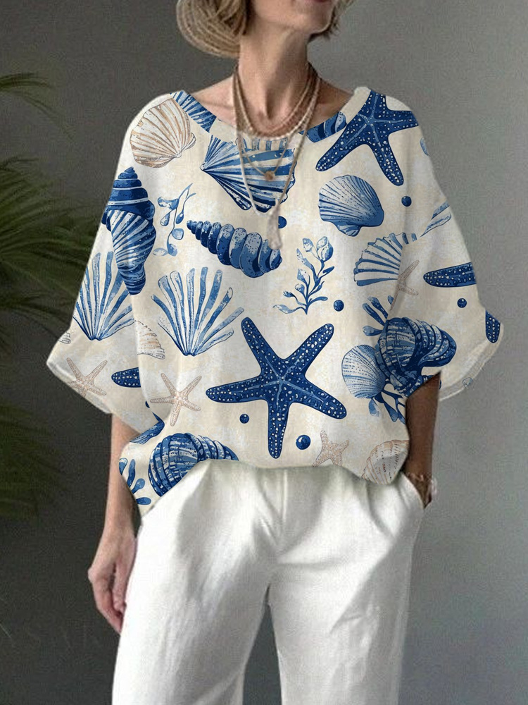 Women's Summer Digital Print Half-Sleeve Round Neck Loose Casual Top