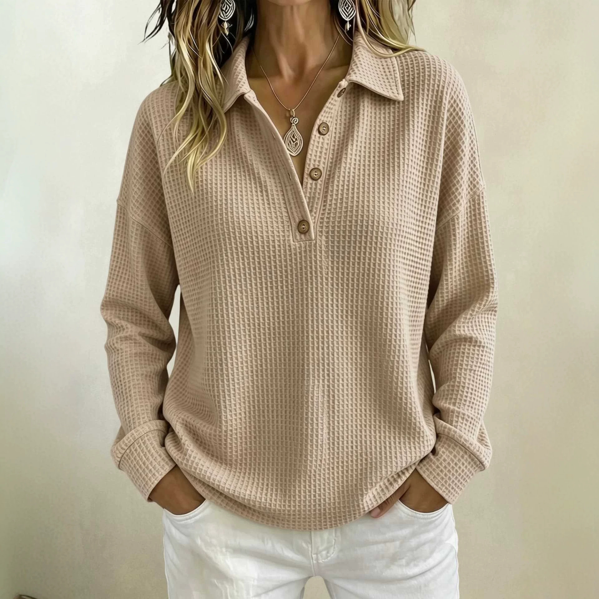 Waffle Knit Polo Collar Long Sleeve Top for Women Loose Half-Button Solid Color Henley Tee