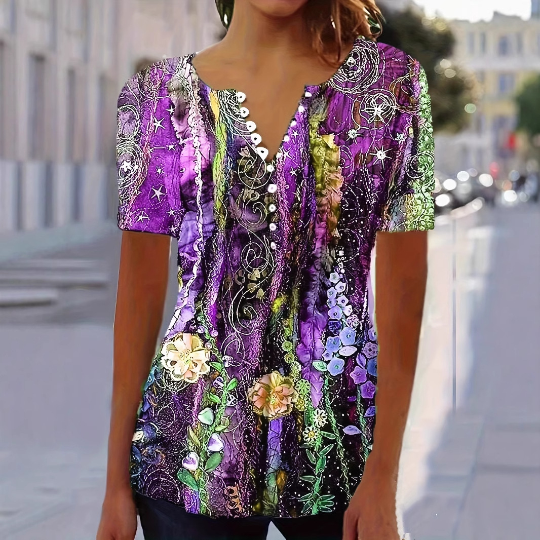 Floral Print V-Neck Button Short-Sleeve T-Shirt