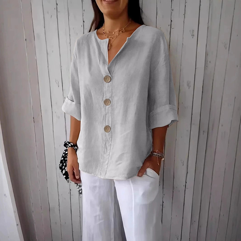 Women's Loose V-Neck Button Cotton-Blend T-Shirt