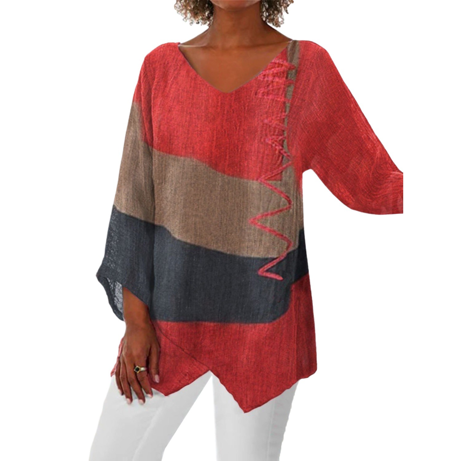 Women's Casual Loose V-Neck Asymmetrical Hem Art Print Long Sleeve Vintage Top