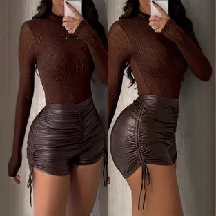 Women's Leopard Print Mesh Ruffle Trim Long Sleeve Top