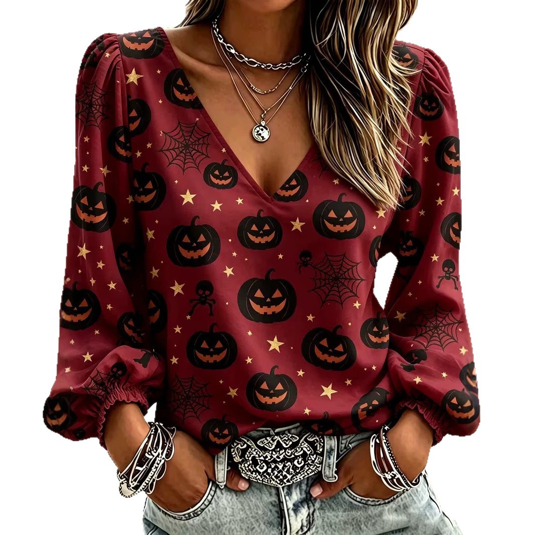 Halloween Pumpkin Ghost Print V-Neck Long Sleeve Women's T-Shirt