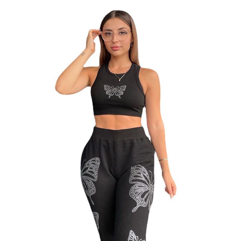Women's Sleeveless Crew Neck Crop Tank Top with Rhinestone Detail
