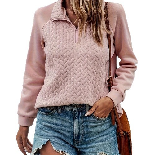 Women's Solid Color Lapel Collar Loose Fit Long Sleeve Zip-Up Hoodie Jacket