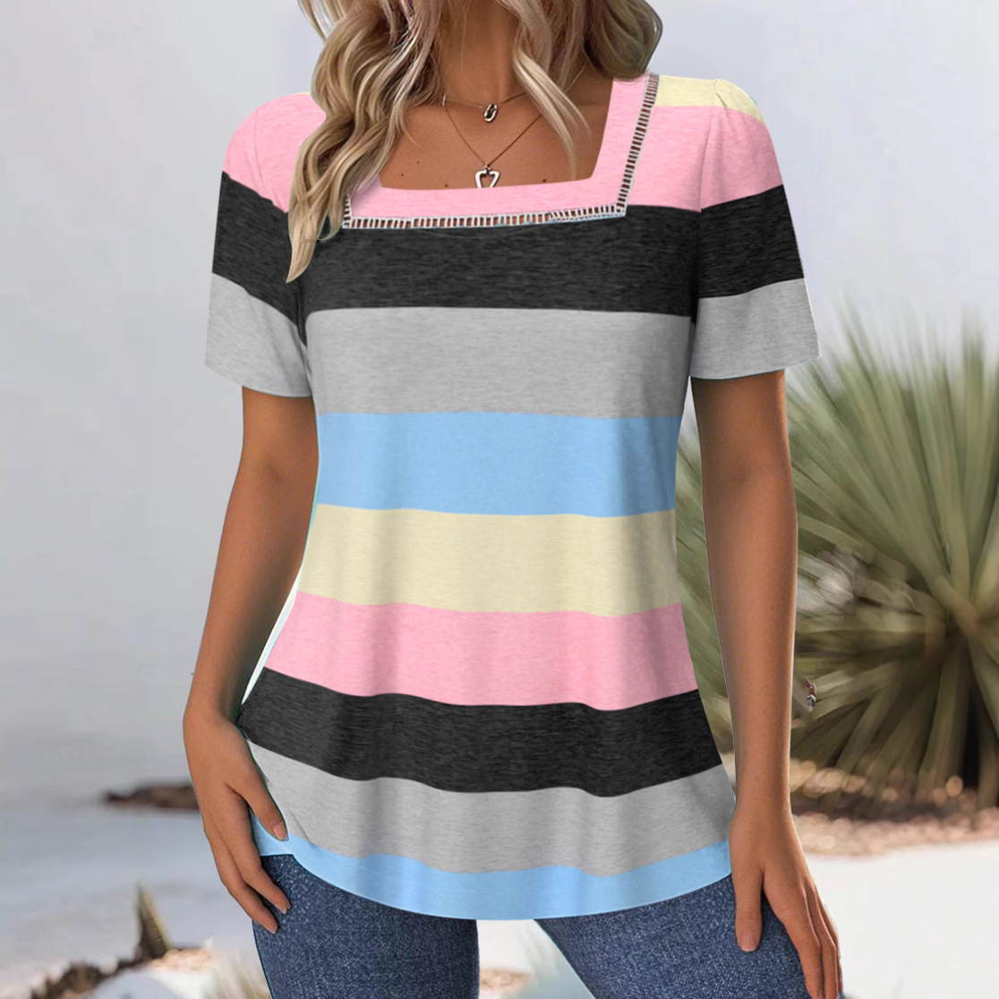 Women's Color-Block Striped Short-Sleeve Slim Fit T-Shirt