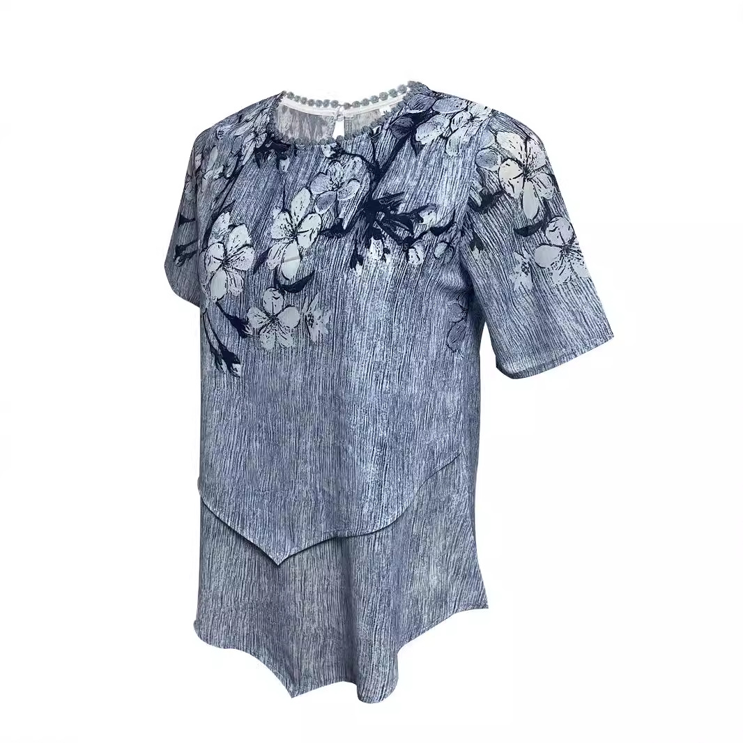 Floral Print Round Neck Asymmetric Short Sleeve Double-Layer Top